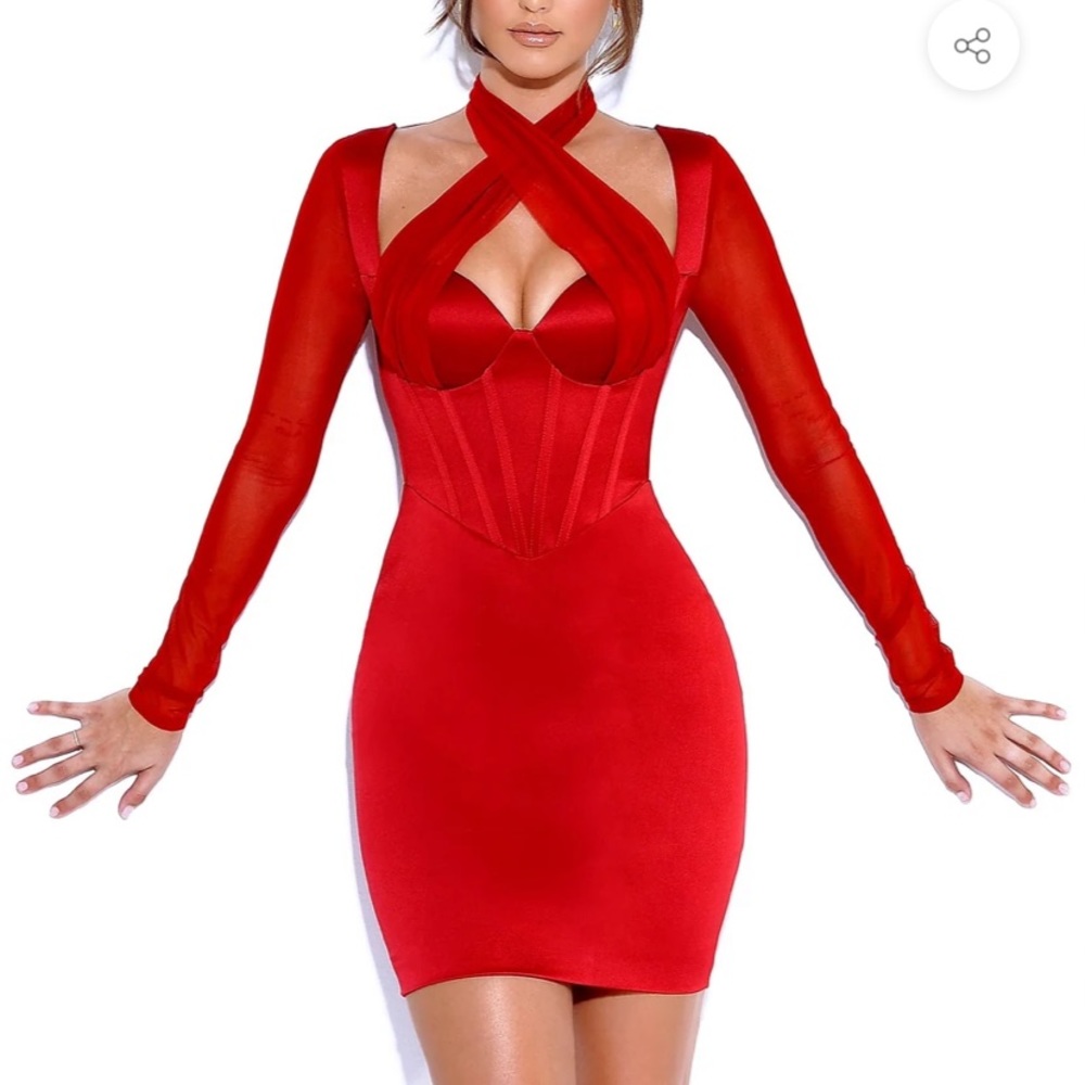 Miss Circle: Jocelyn Burgundy Satin Mesh Long Sleeve Corset Dress